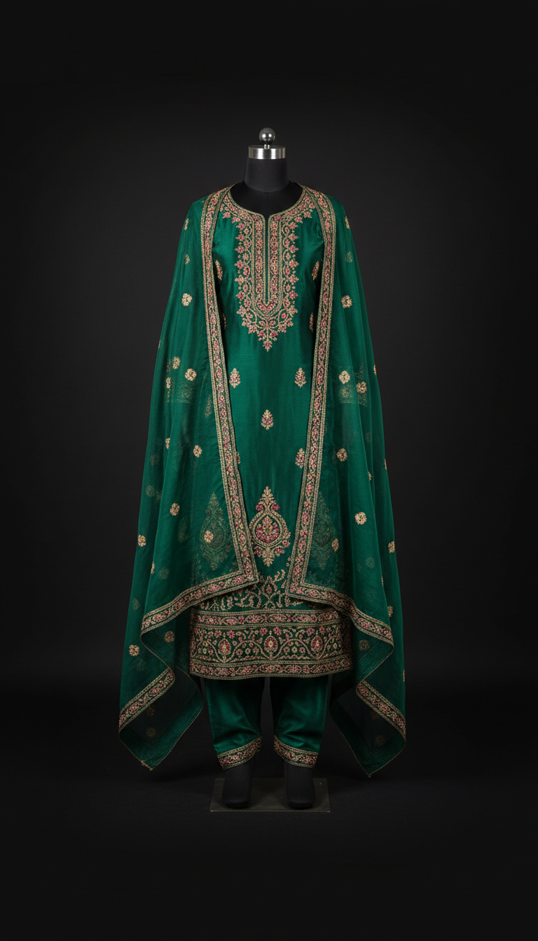 Emerald Veil silk salwar suit with motif detailing