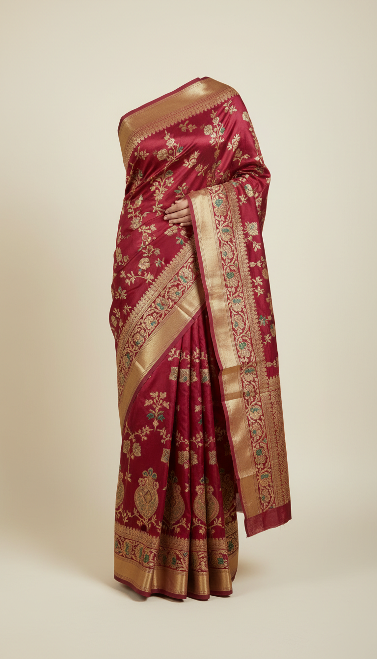 Rani Garnet silk saree with gold embroidery